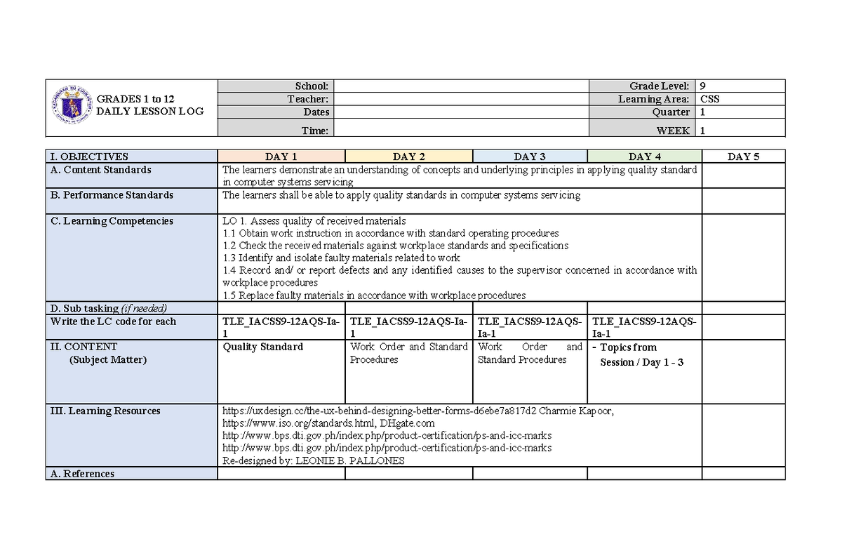 CSS DLL 9 Week 1: Daily Lesson Log for Computer Systems Servicing - Studocu