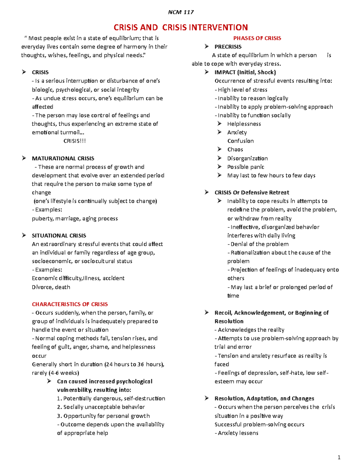 NCM 11 7: Understanding Crisis and Intervention Strategies - Studocu