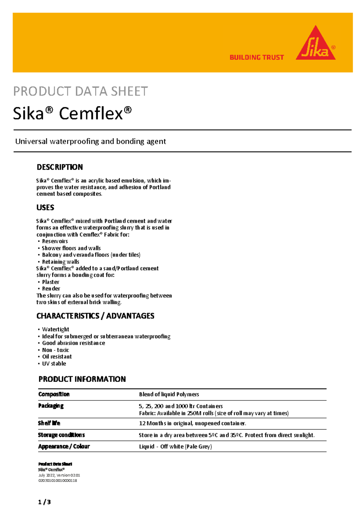Sika-Cemflex® Waterproofing Data Sheet - Product Overview 2022 - Studocu