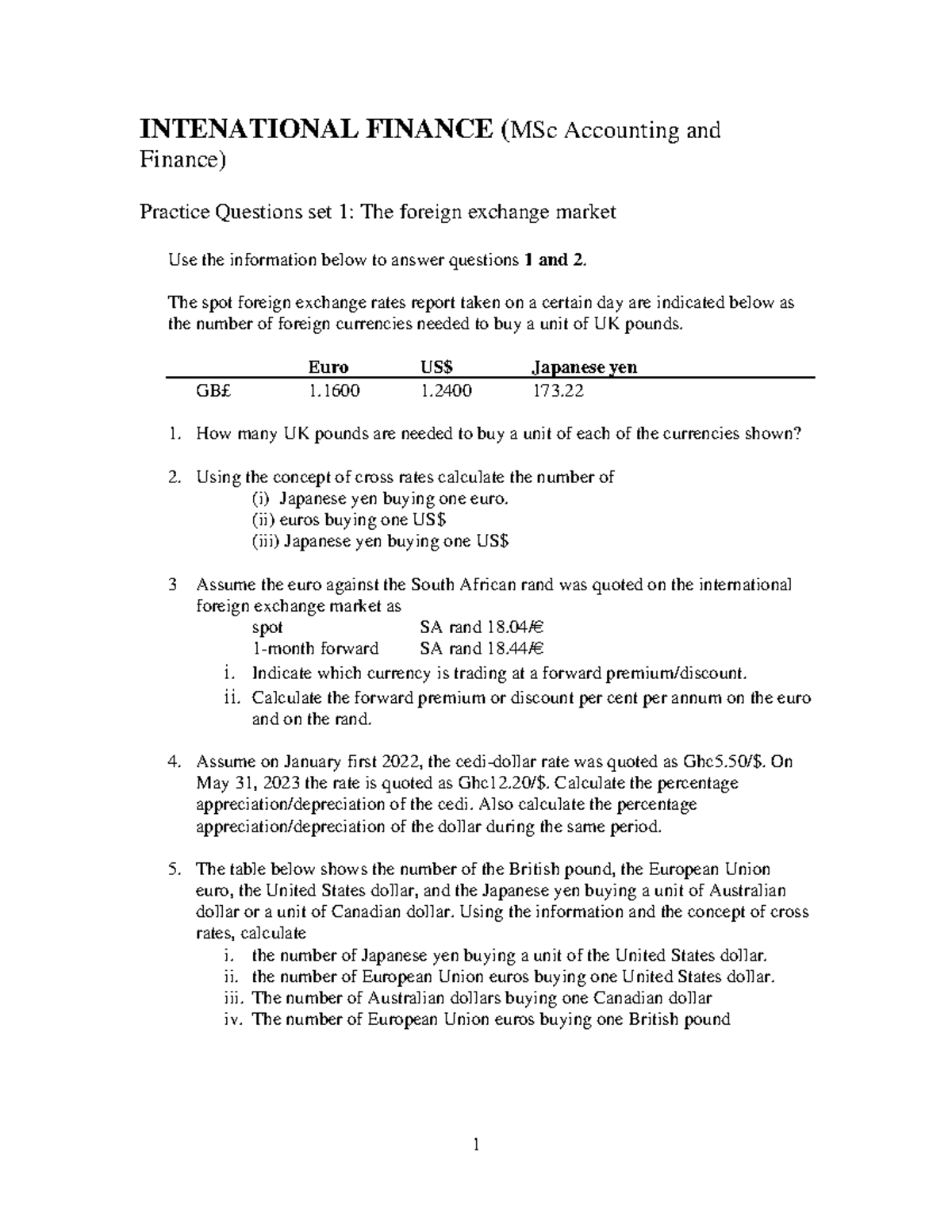INT FIN Practice Questions SET 1 - 1 INTENATIONAL FINANCE (MSc ...