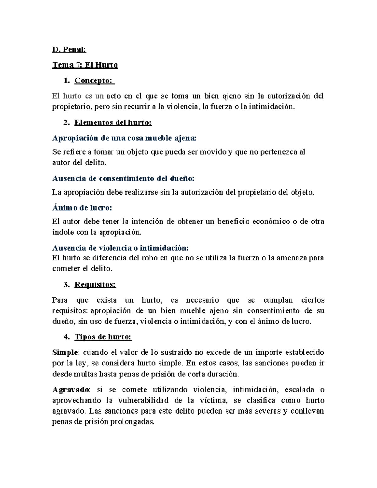 D. Penal: Tema 7 - El Hurto: Conceptos y Tipos de Delito - Studocu