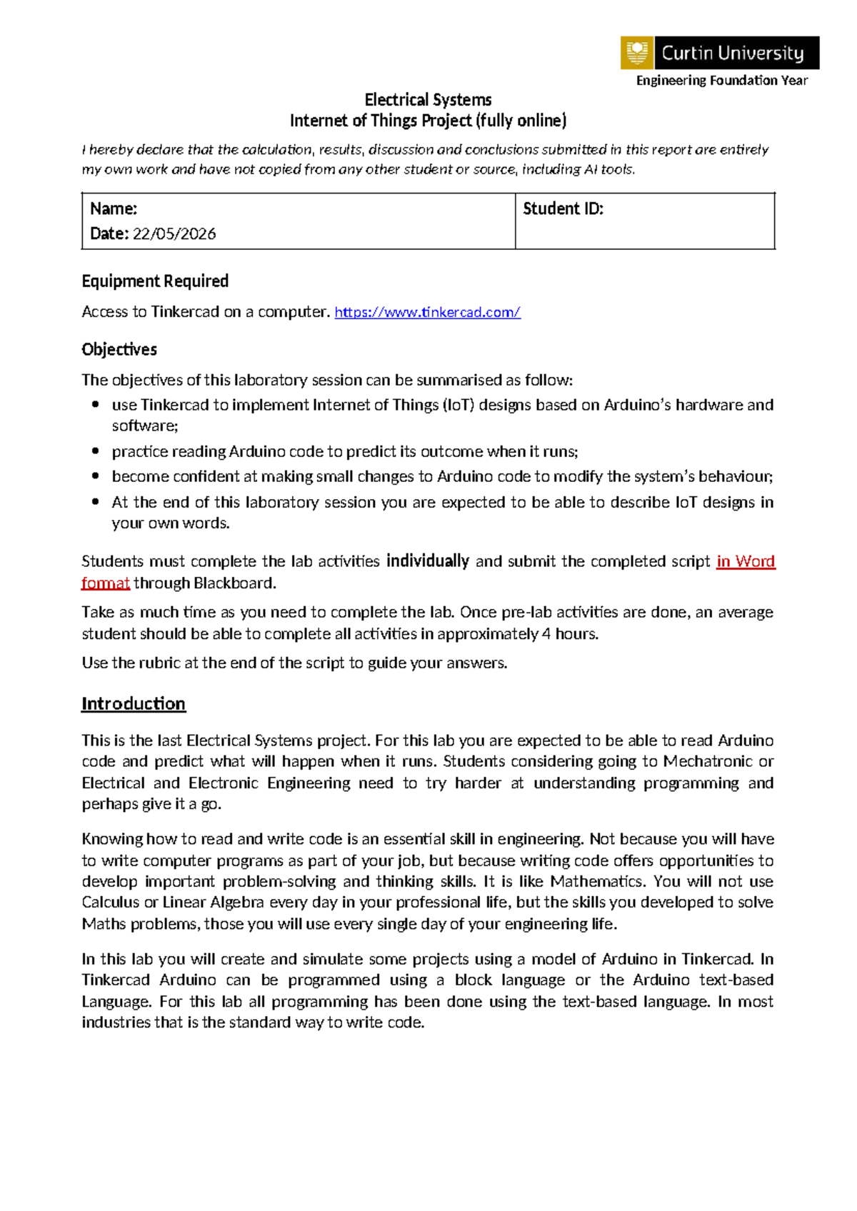 Electrical Systems IoT Project Lab Report - Eng Foundation Year I - Studocu