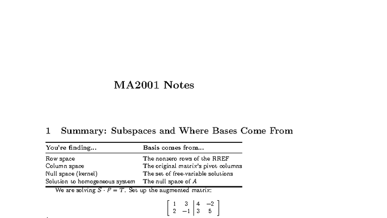 MA2001 Notes: Summary of Subspaces, Bases, and Linear Transformations ...