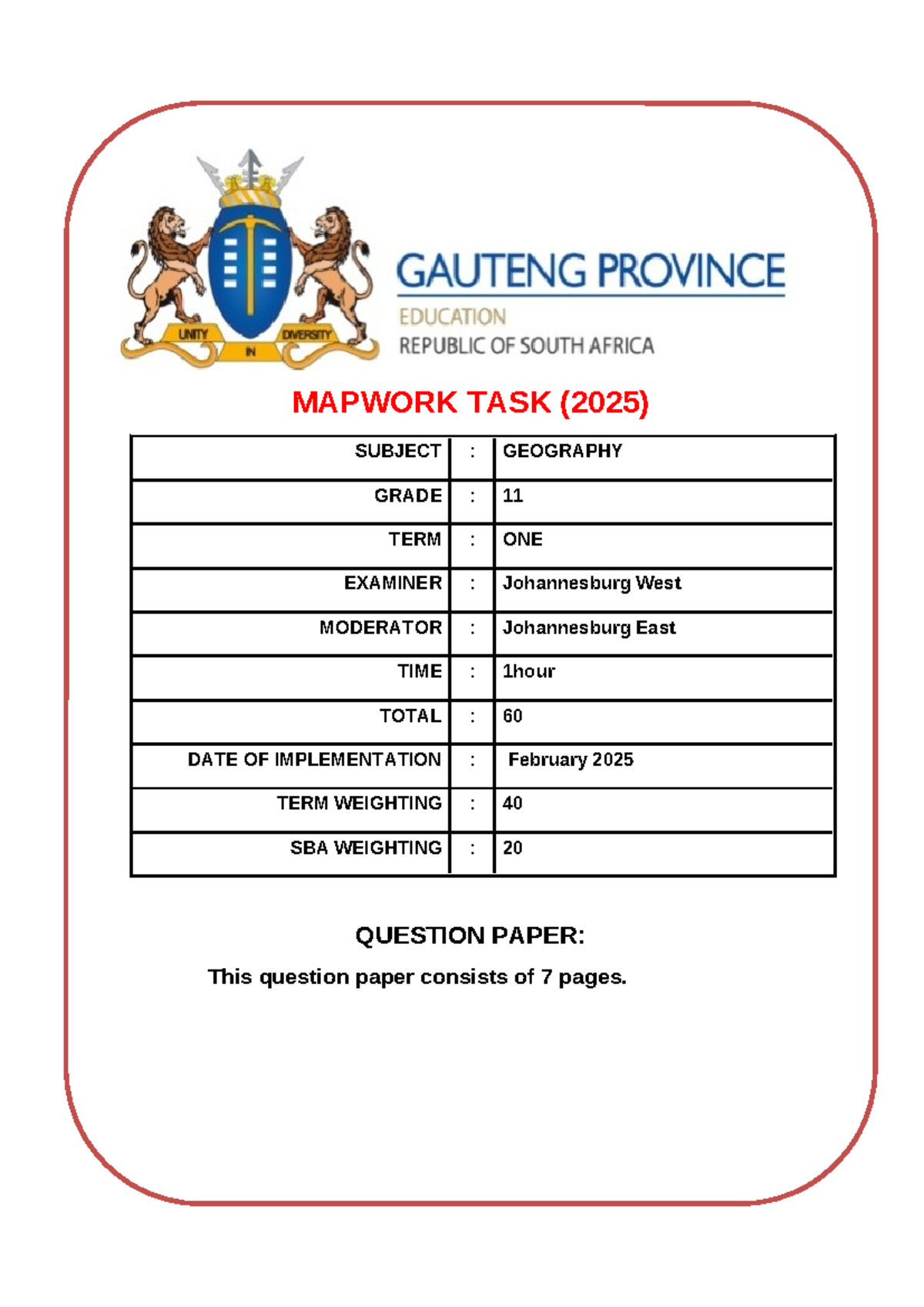 GEOG 11 Mapwork Task (2025) - Vredendal Question Paper - Studocu