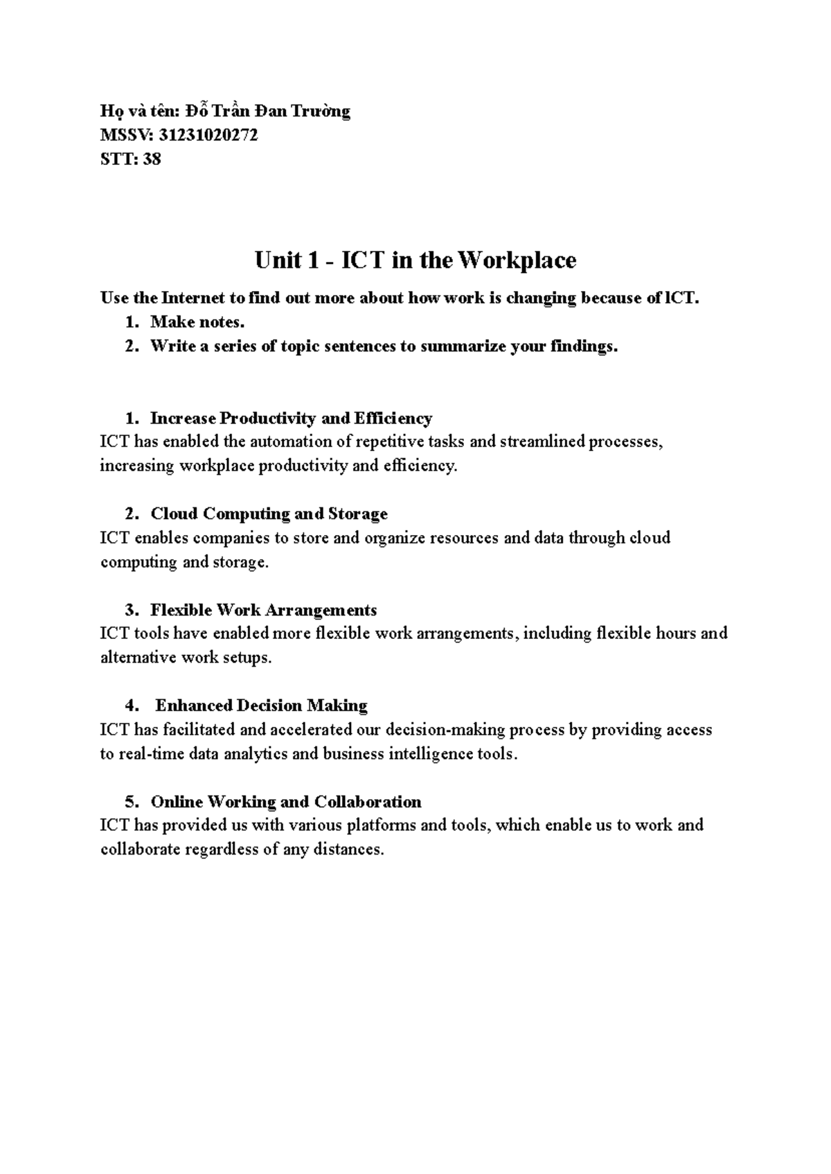 Unit 1 - ICT in the Workplace - Đỗ Trần Đan Trường - Họ và tên: Đỗ Trần ...
