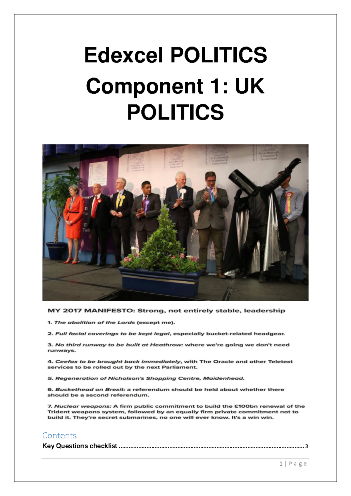Edexcel POLITICS Component 1: UK Politics Booklet Overview - Studocu