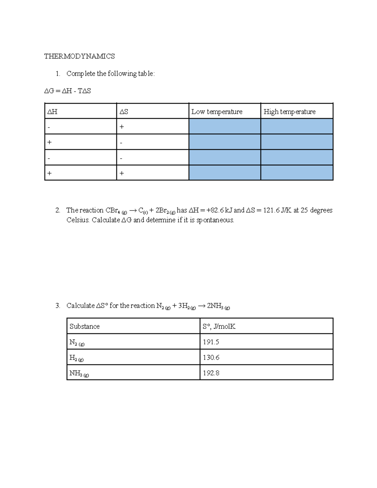 THERMODYNAMICS SI Session Practice: Spontaneity & Equilibrium ...