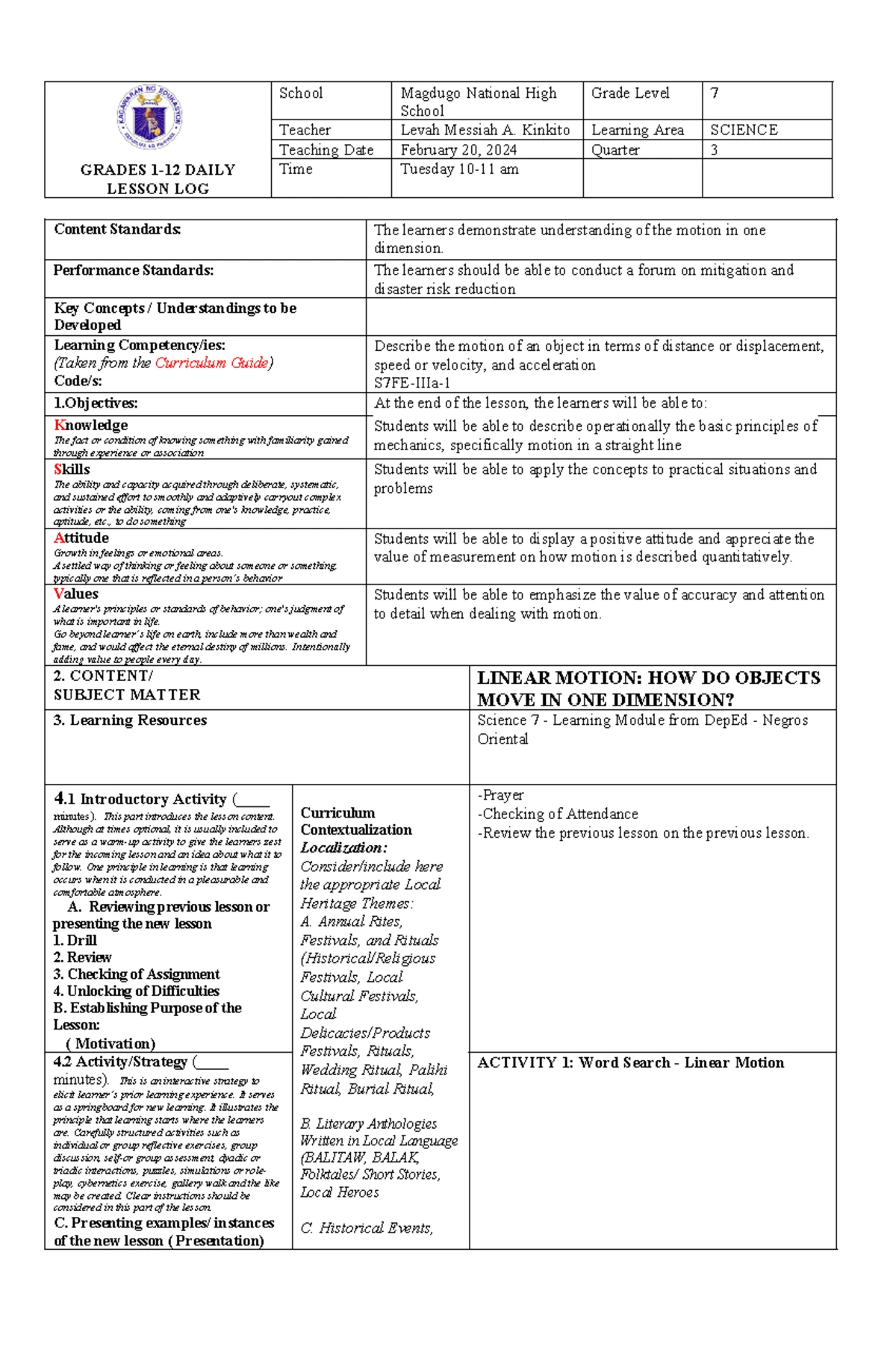 G8-Q3-W6 - Science 7 Lesson Plan on Subatomic Particles - Studocu