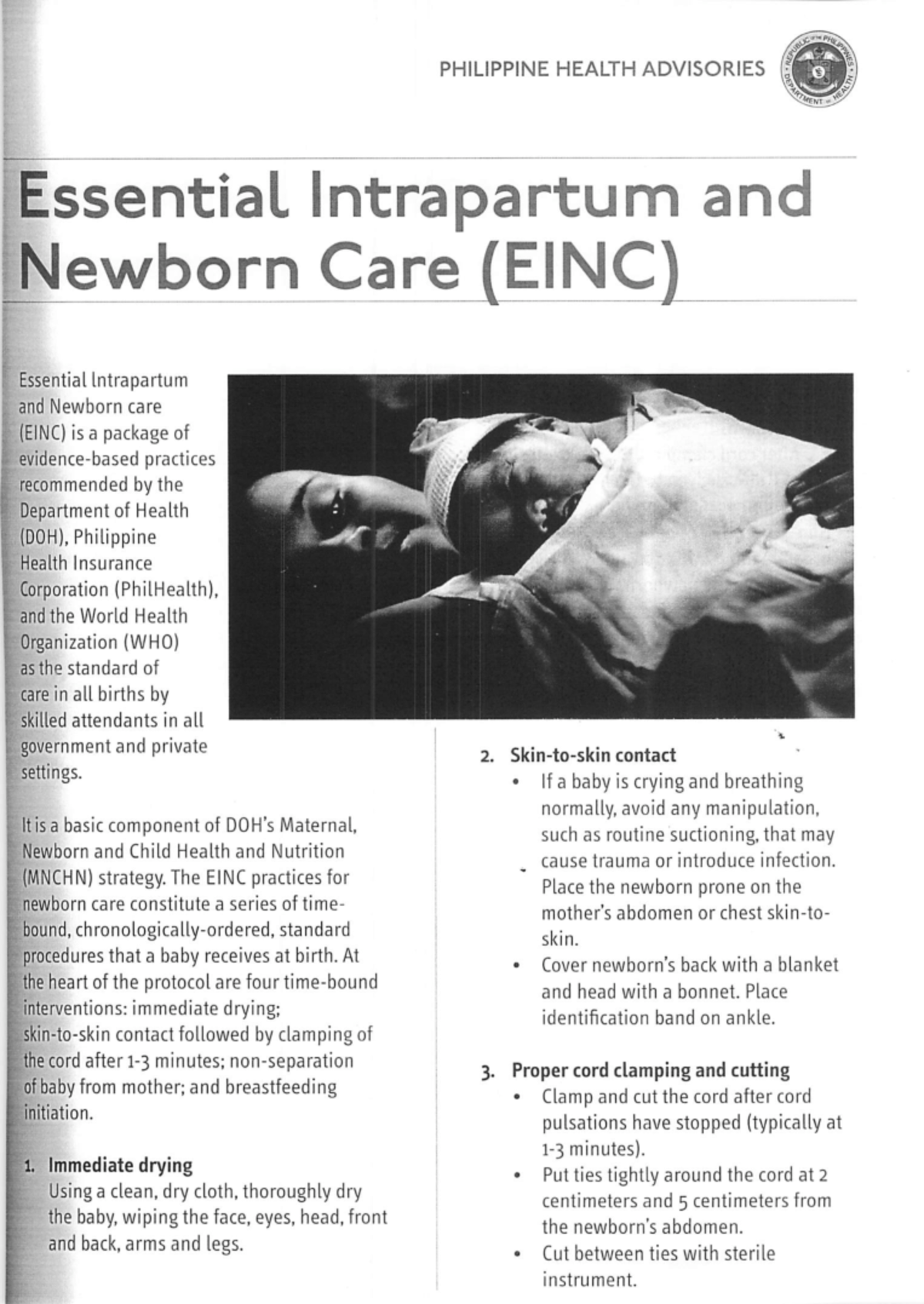 EINC - Essential Intrapartum & Newborn Care Practices Overview - Studocu