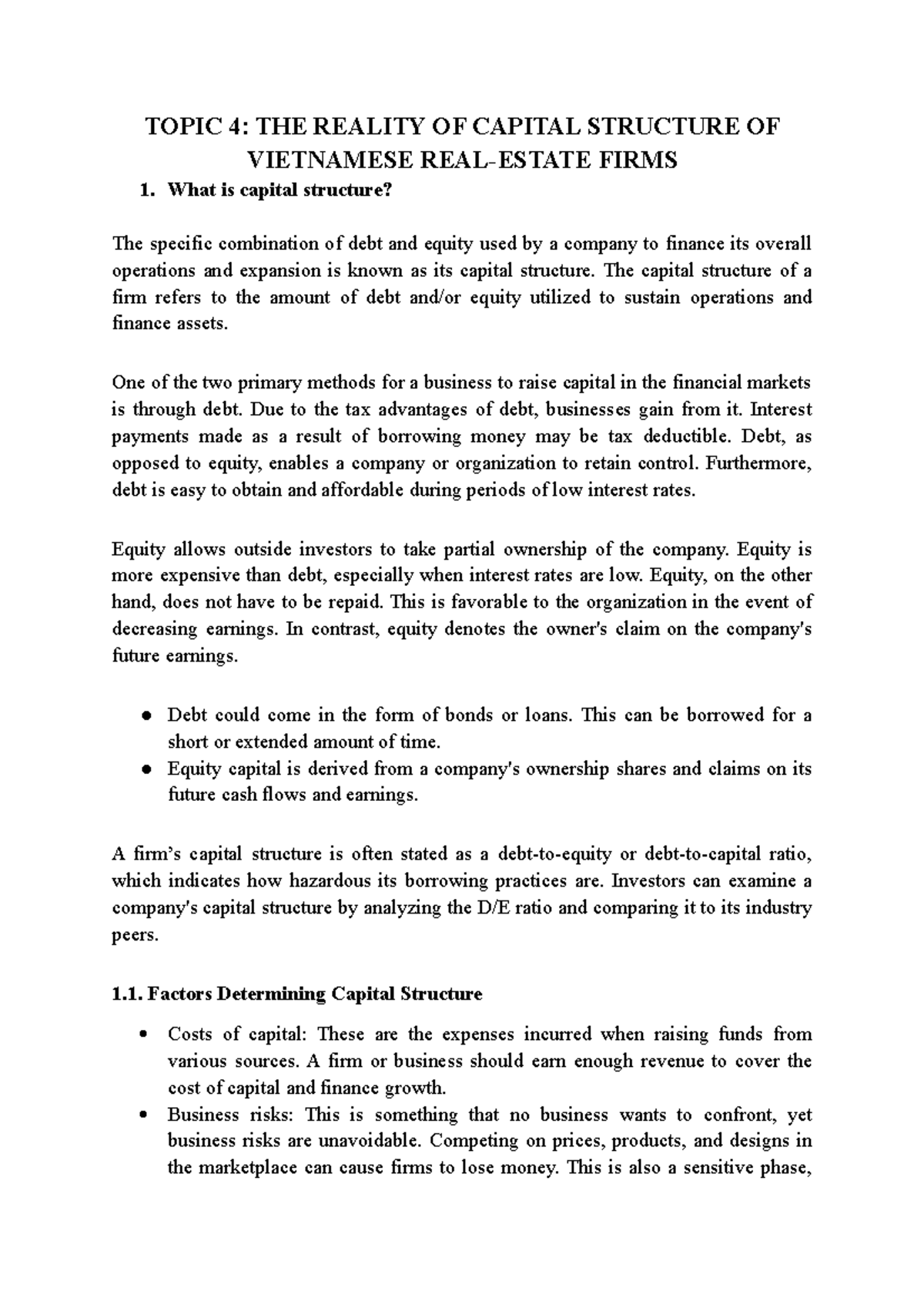 FNC01K46 Topic 4 Group 4 - TOPIC 4: THE REALITY OF CAPITAL STRUCTURE OF ...
