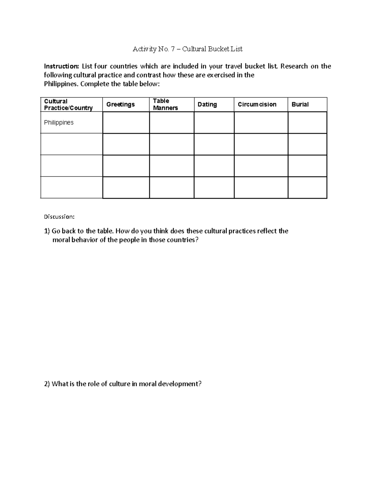 Activity No. 7 - Cultural Bucket - Activity No. 7 – Cultural Bucket ...