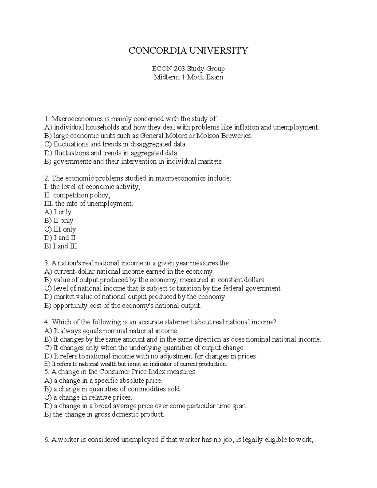 ECON 203 2025 Winter Midterm 1 Mock exam - CONCORDIA UNIVERSITY ECON ...