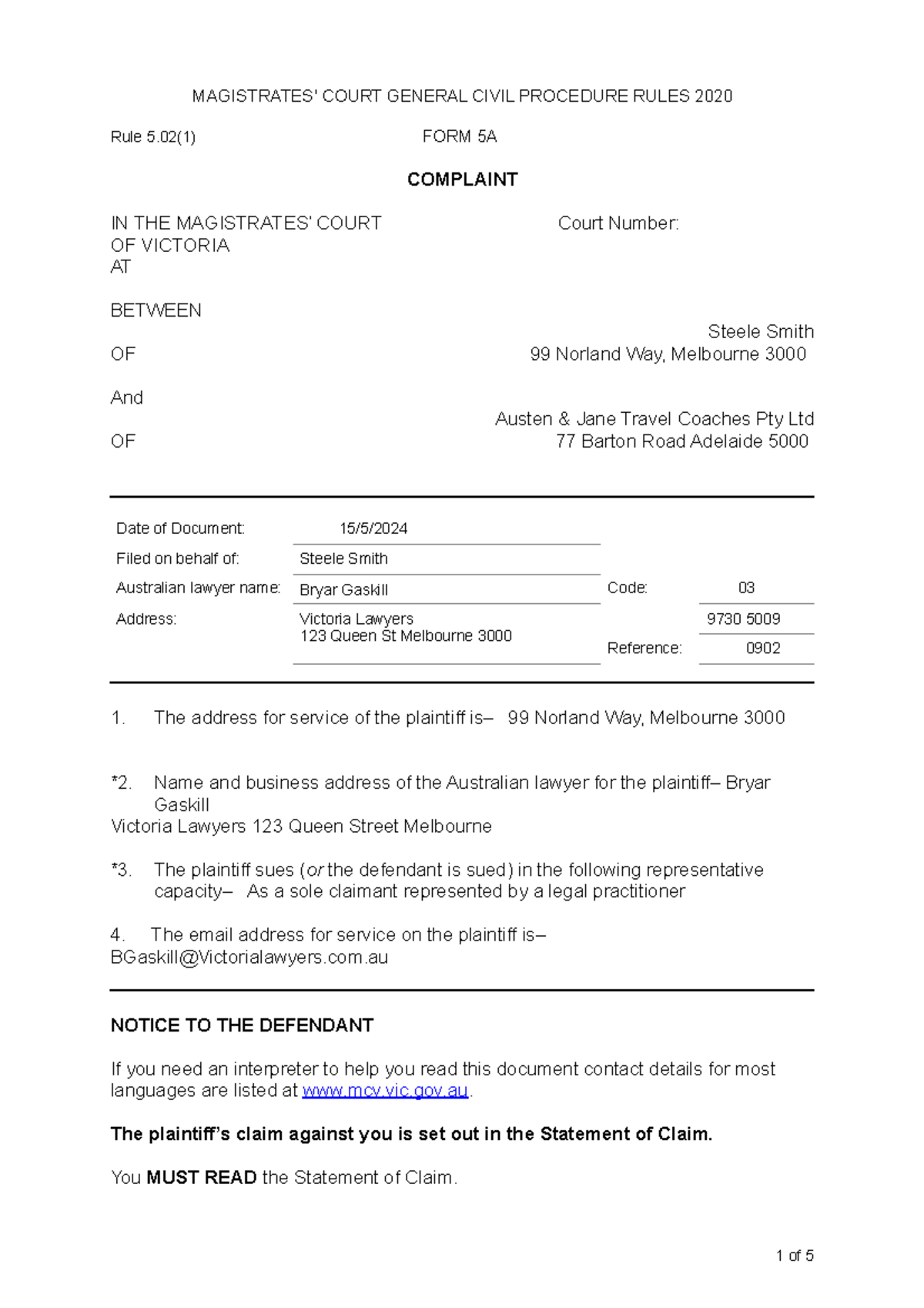 Civil Procedure Drafting assignment - MAGISTRATES' COURT GENERAL CIVIL ...
