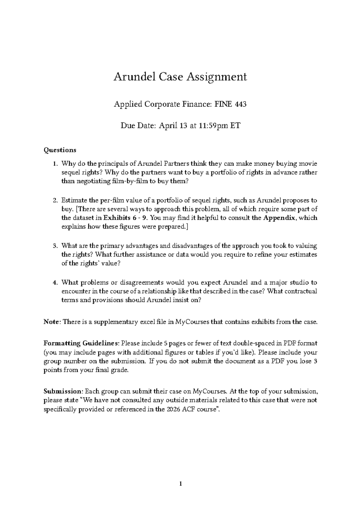 Arundel Case Study: Valuing Movie Sequel Rights - FINE 443 - Studocu