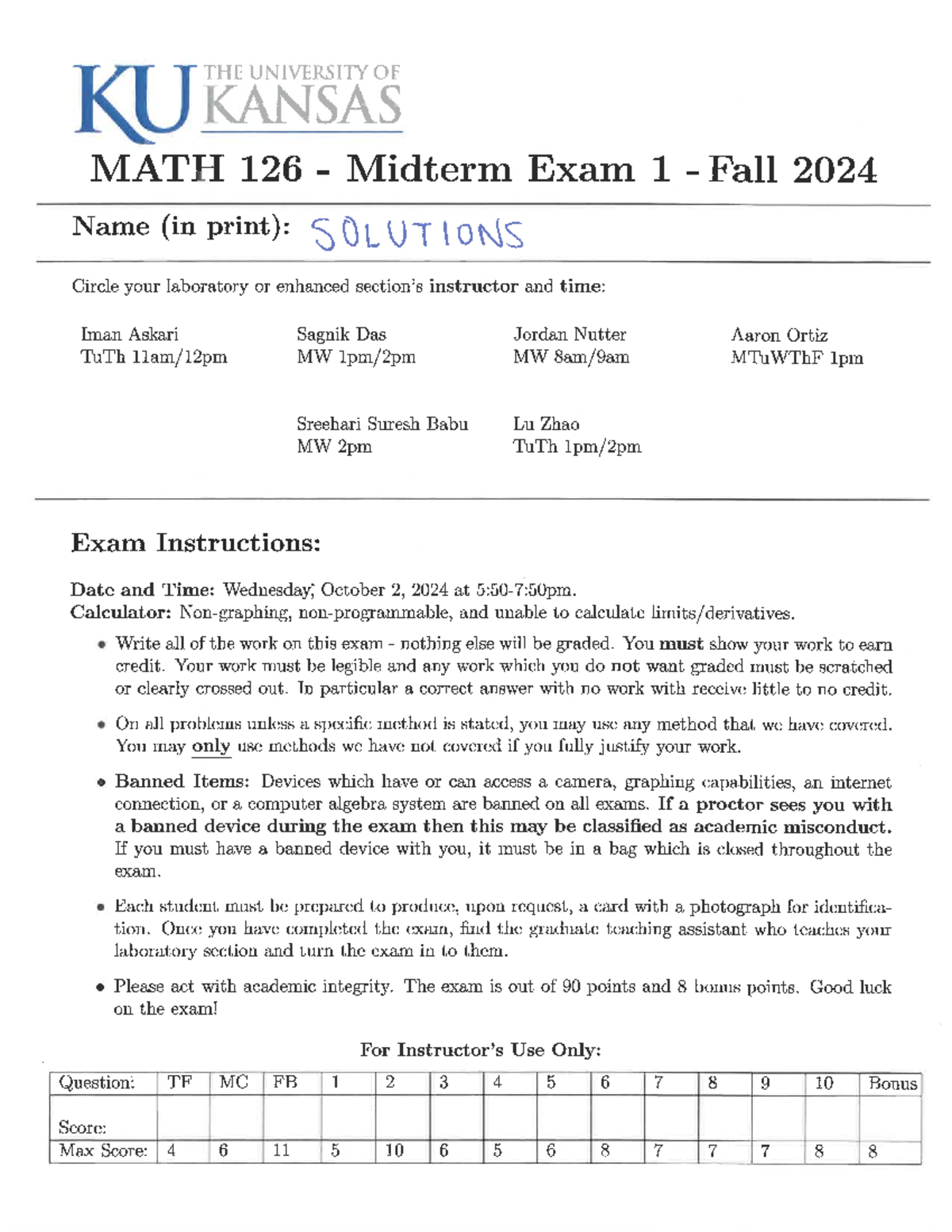 MATH 126 Midterm Exam 1 Solutions - Fall 2024 - Studocu