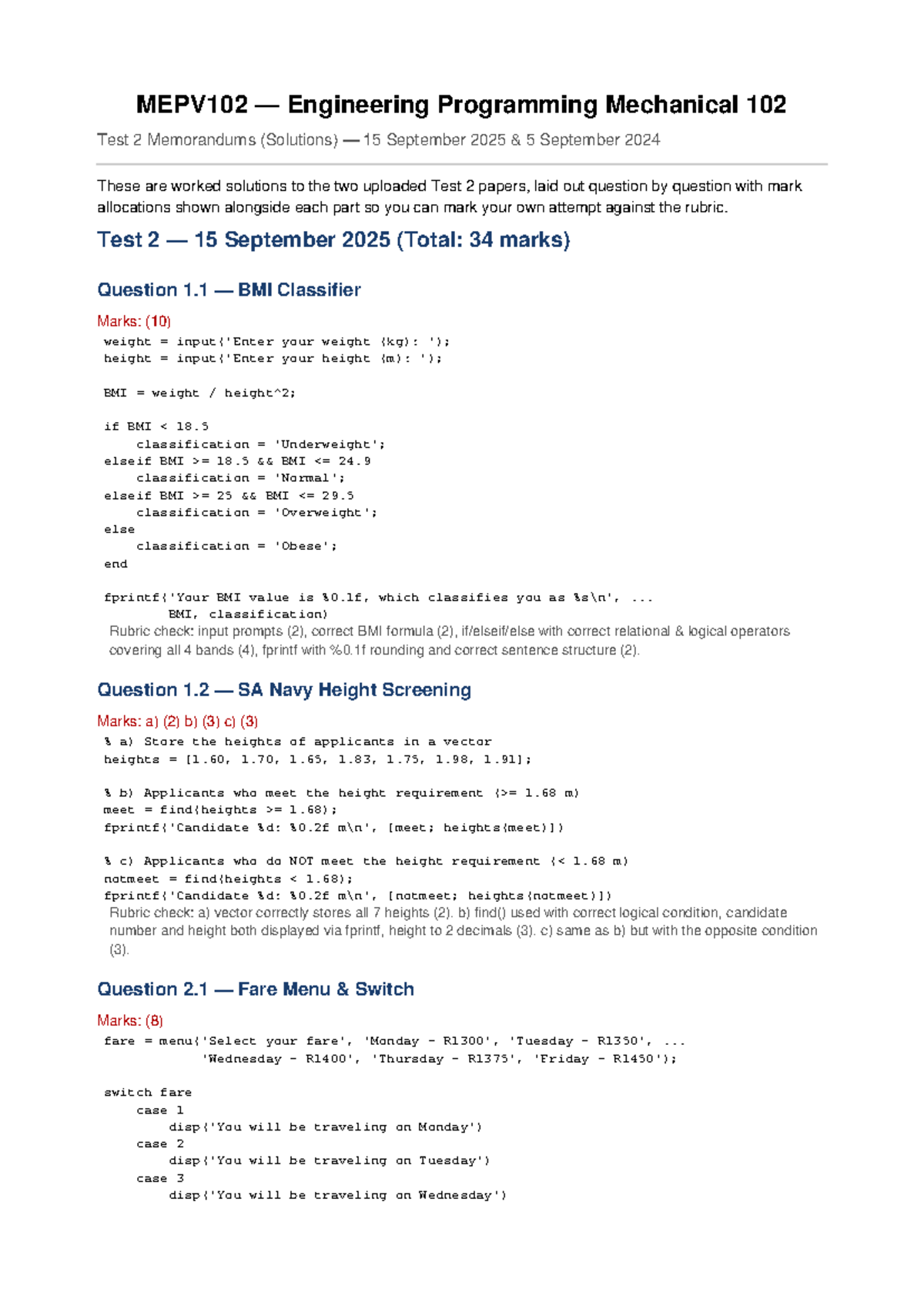 MEPV102 Engineering Programming Test 2 Solutions Memorandum - Studocu