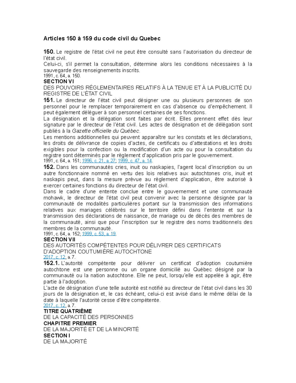 Articles 150 à 159 du code civil du Quebec - Articles 150 à 159 du code ...