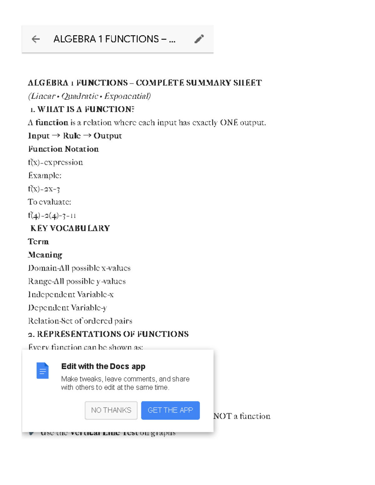 ALGEBRA 1 FUNCTIONS: COMPLETE SUMMARY SHEET (Linear, Quadratic ...