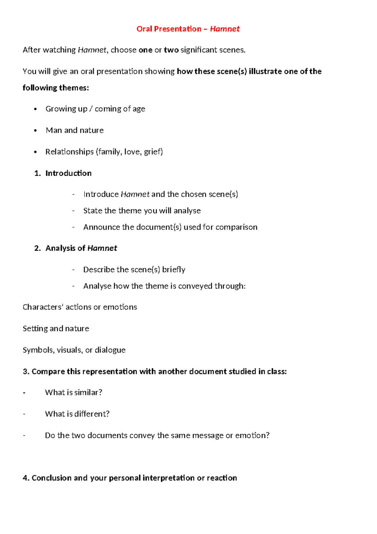 Hamnet Oral Presentation: Analyzing Key Themes and Scenes - Studocu