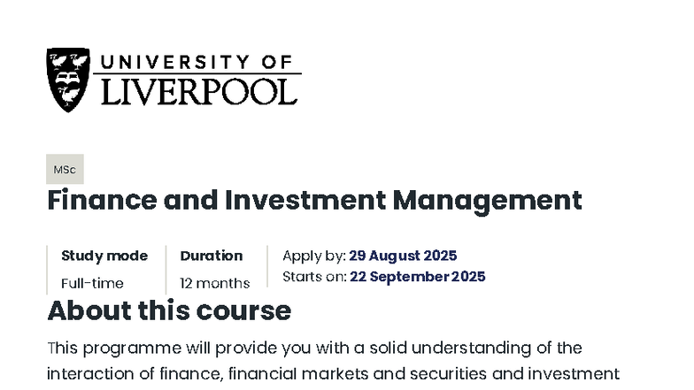 MSc Finance &amp; Investment Management Overview 2025 - Studocu