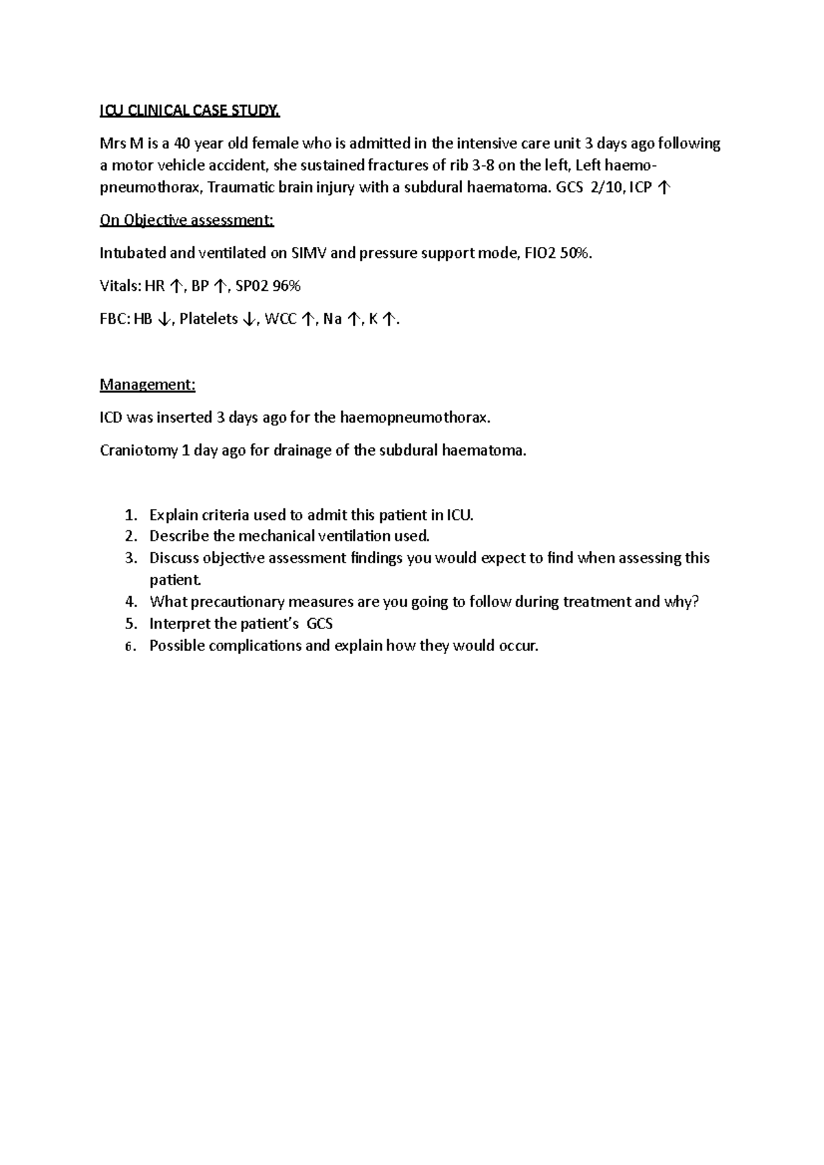 ICU Clinical Case Study 1: Management of Traumatic Brain Injury - Studocu