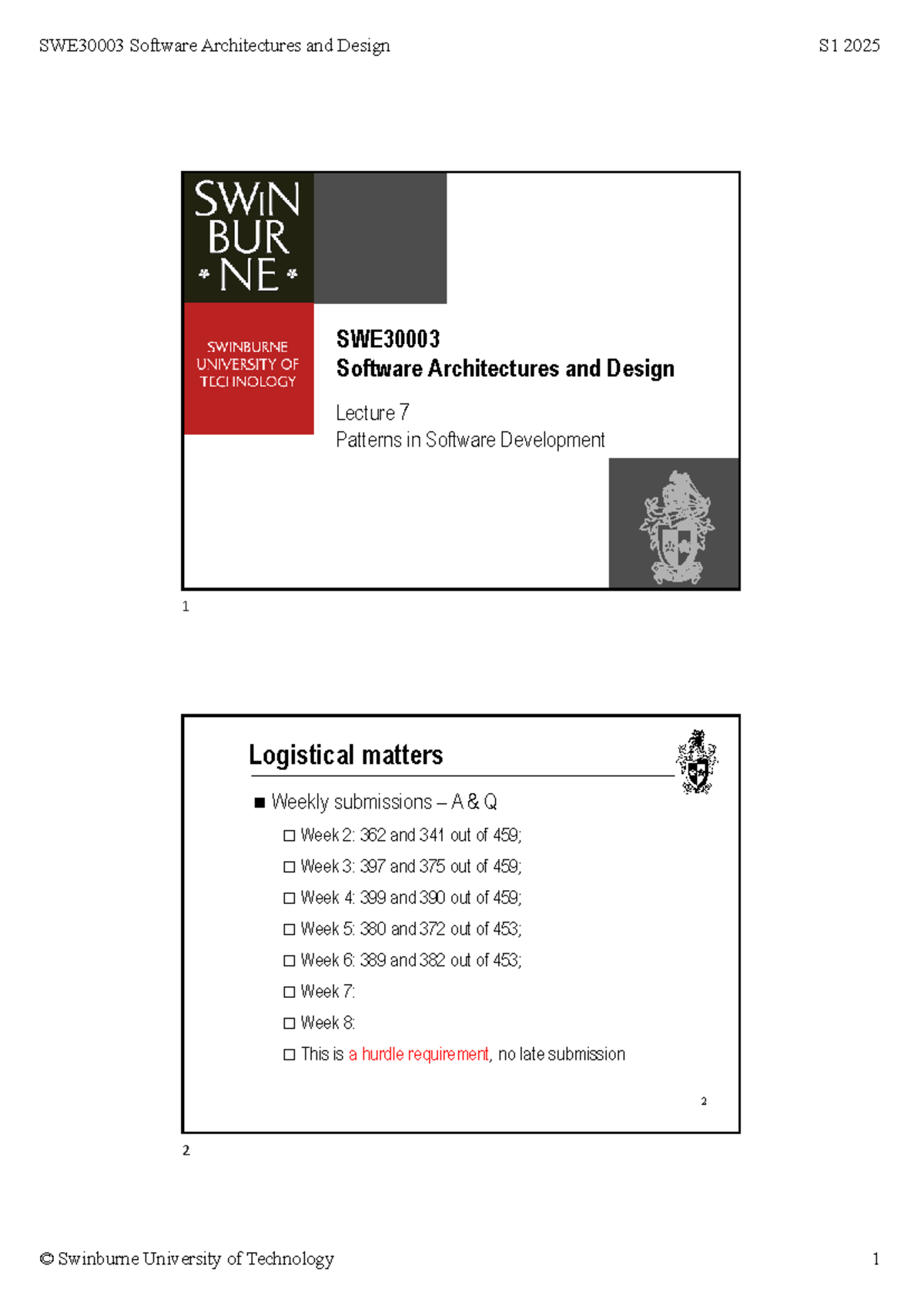 Software Architectures and Design S1 2025 Lecture 7: Patterns in ...
