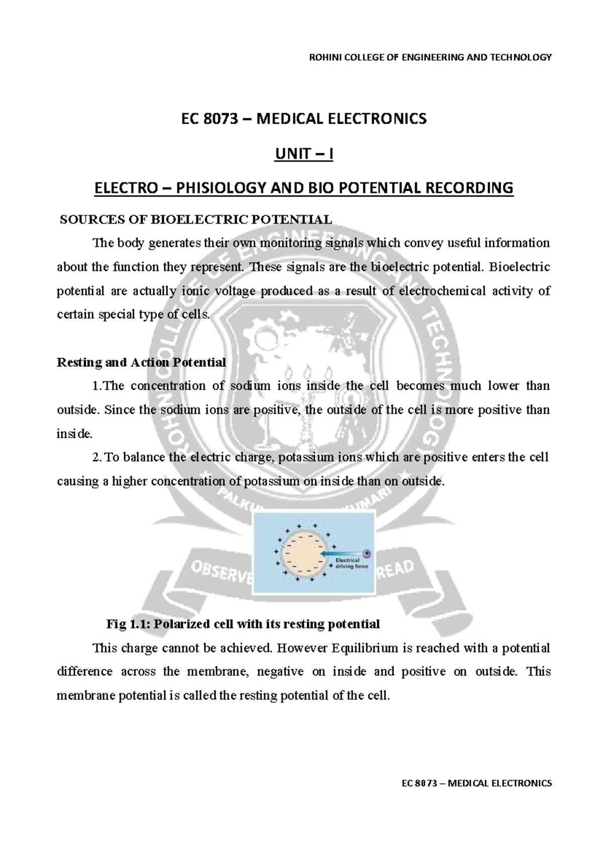 EC 8073 Medical Electronics Lecture Notes on Electro-Physiology - Studocu