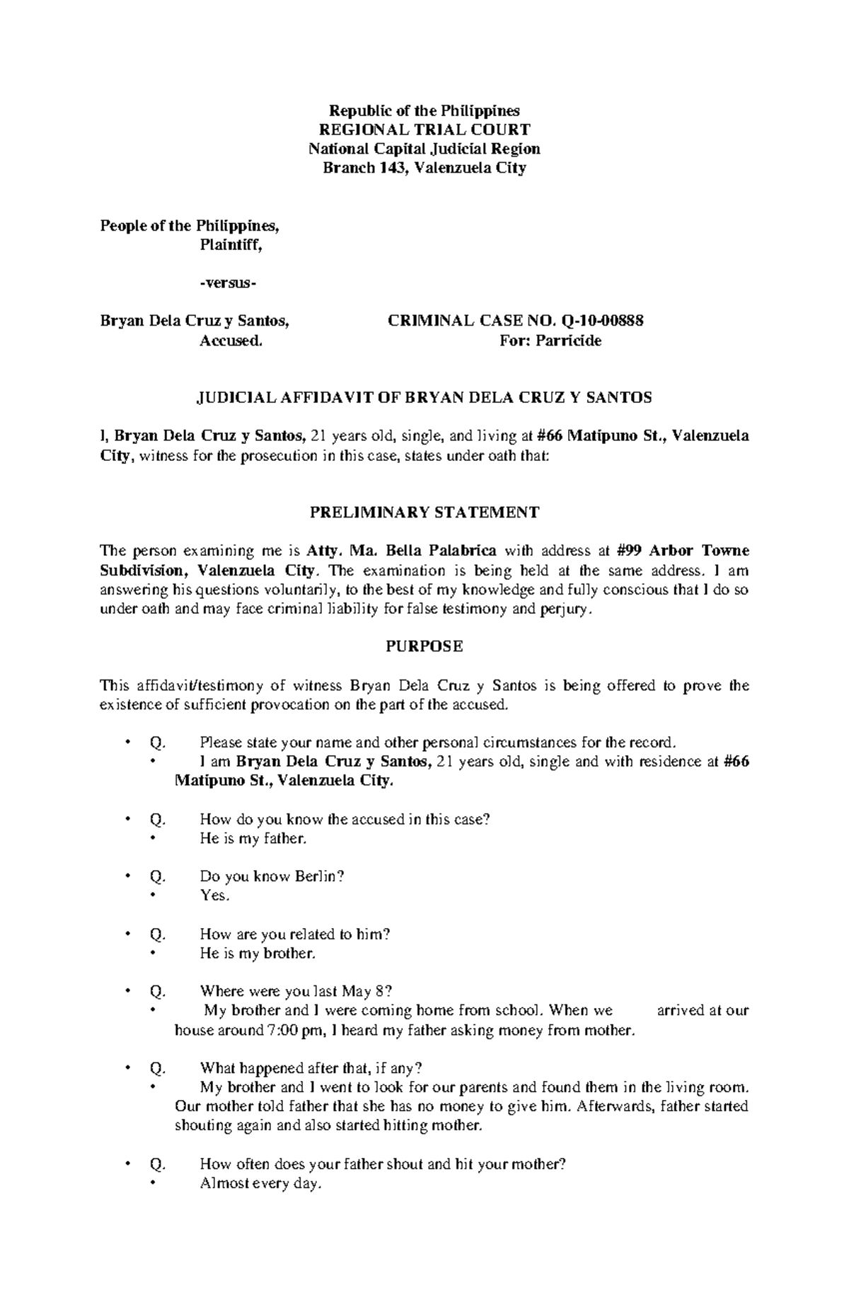 JUDICIAL AFFIDAVIT - Republic of the Philippines REGIONAL TRIAL COURT ...