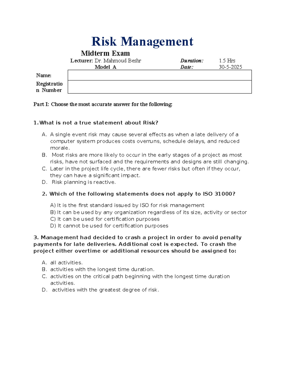 Risk Management Midterm Exam (RM 2025) - Model A - Studocu
