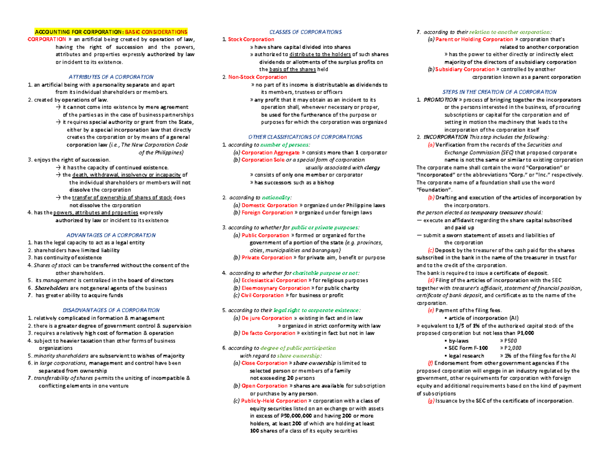 ACCOUNTING FOR CORPORATIONS: KEY CONCEPTS AND ATTRIBUTES (ACCT 101 ...