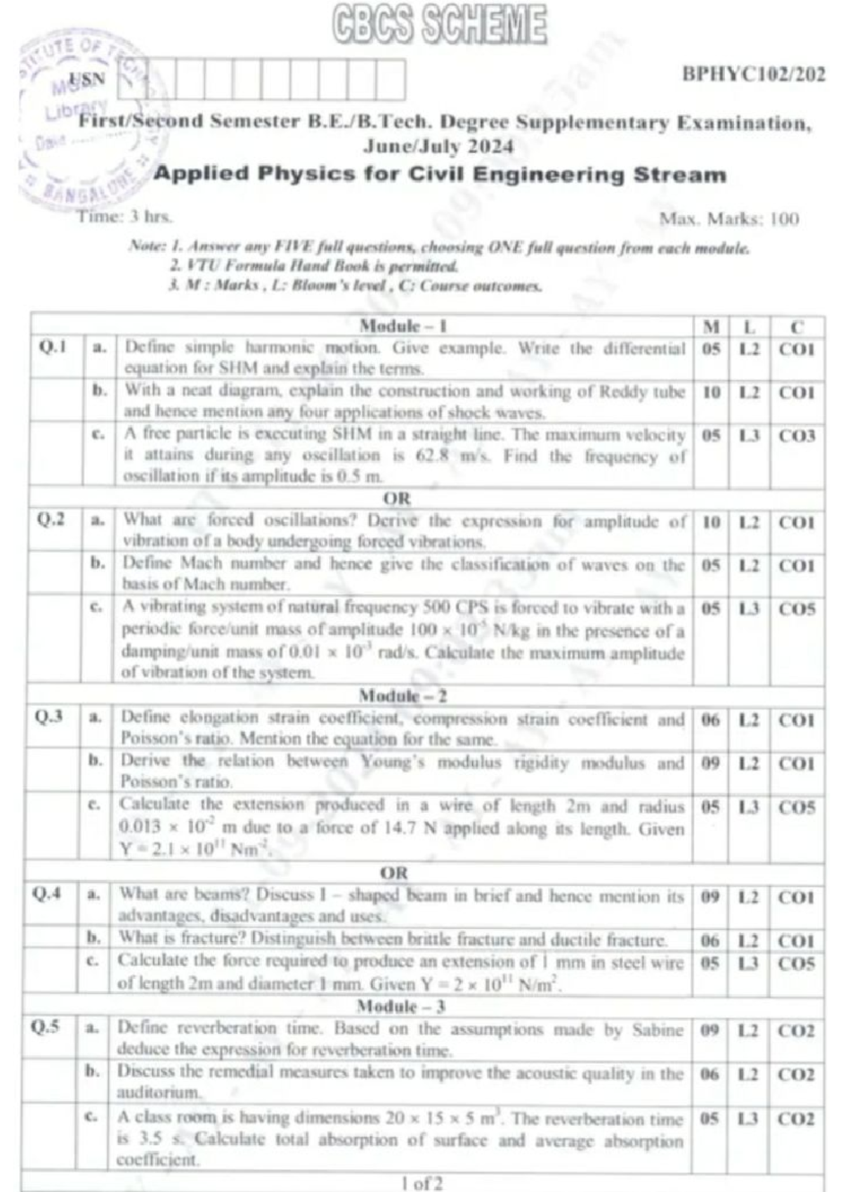 Applied Physics for Civil Engineering - Supplementary Exam 2024 - Studocu