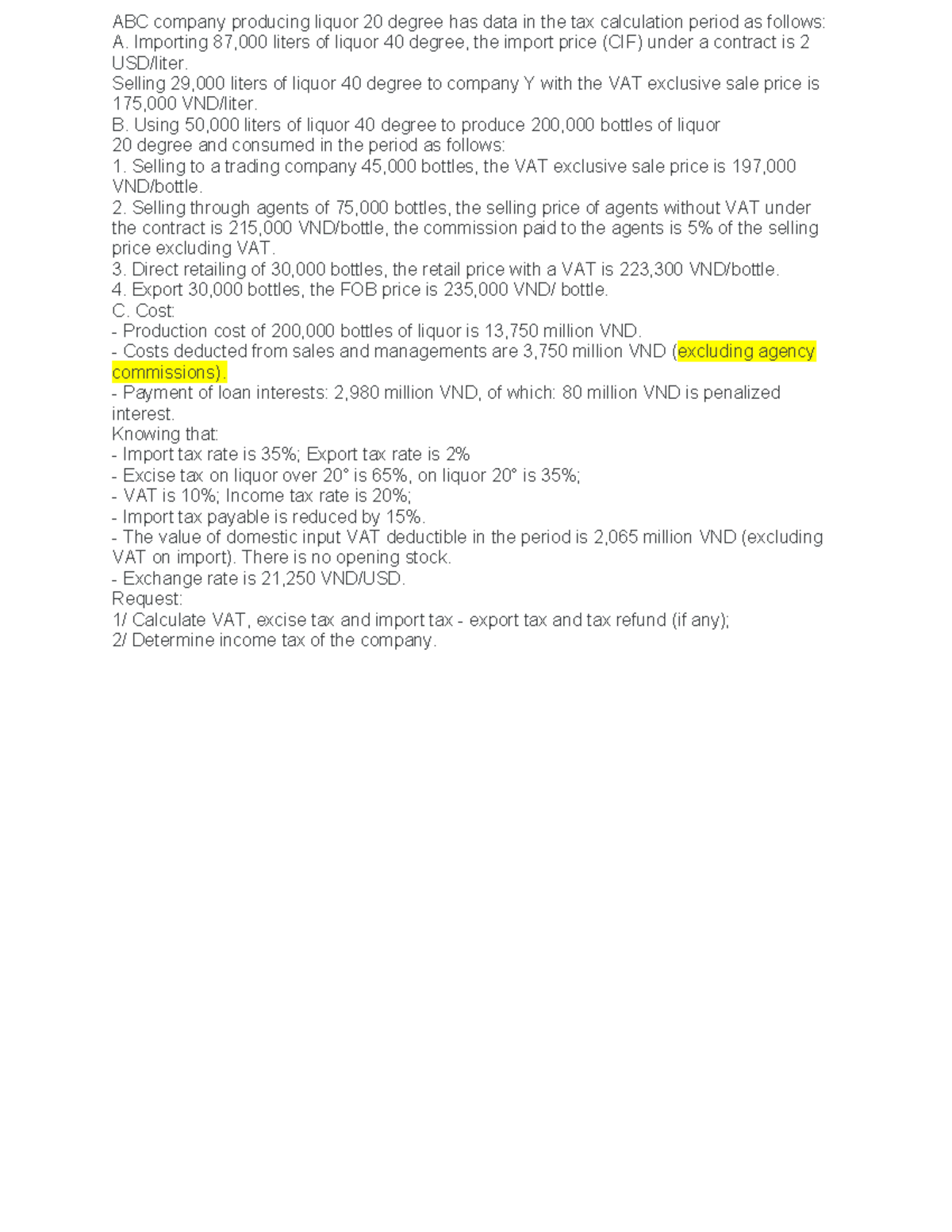 Bai tap CIT - Tax Calculation for ABC Liquor Company - Studocu
