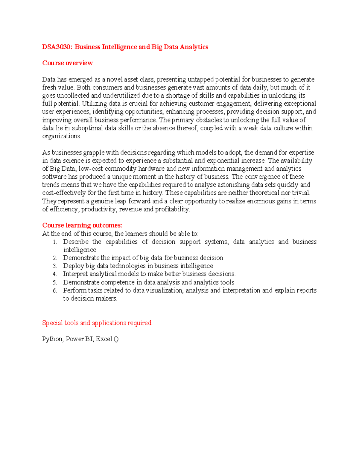 DSA3030 Final Exam Study Guide - Business Intelligence & Big Data - Studocu