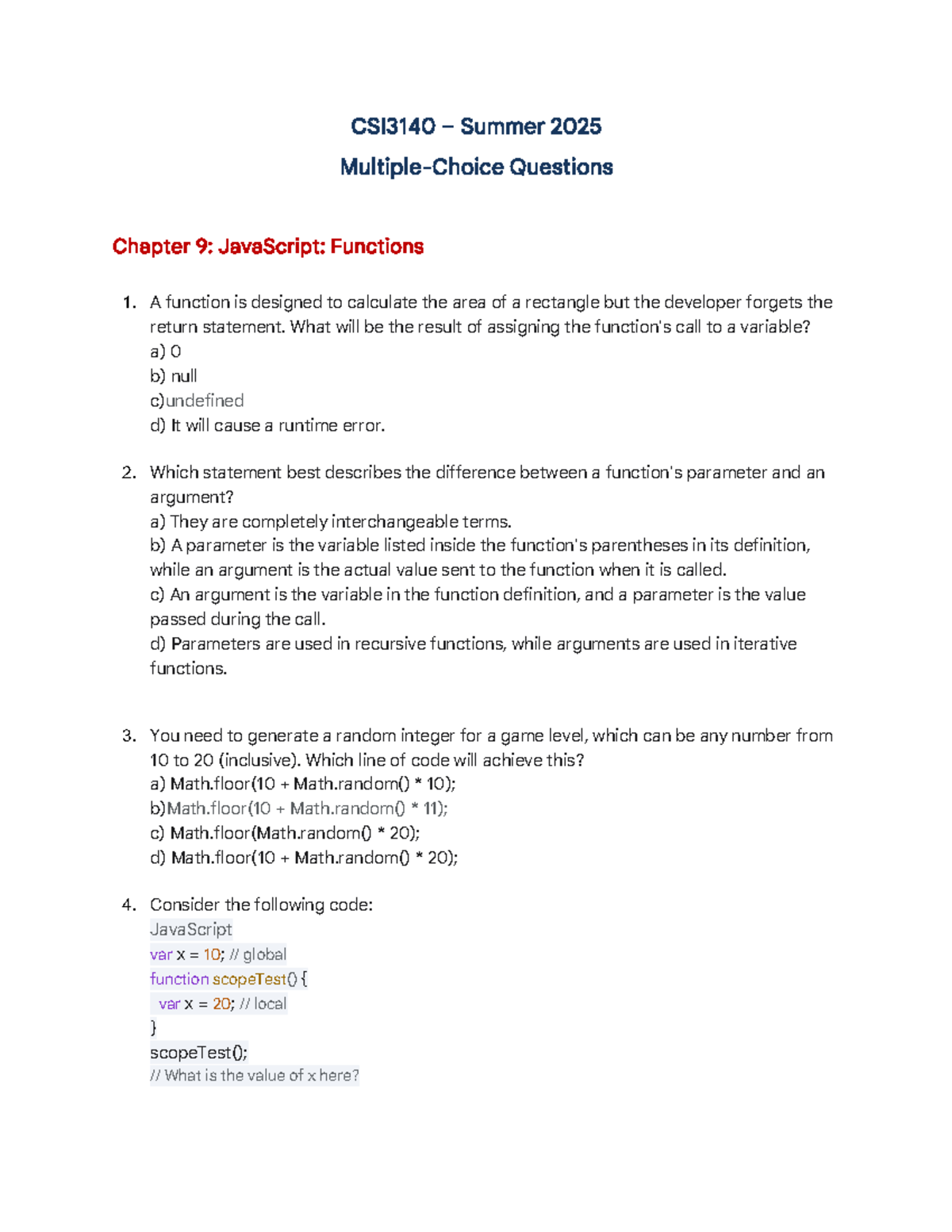 CSI3140 Summer 2025 Multiple-Choice Questions: JavaScript & XML ...