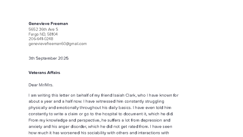 Letter - n/a - Genevieve Freeman 5652 36th Ave S Fargo ND, 58104 206 ...