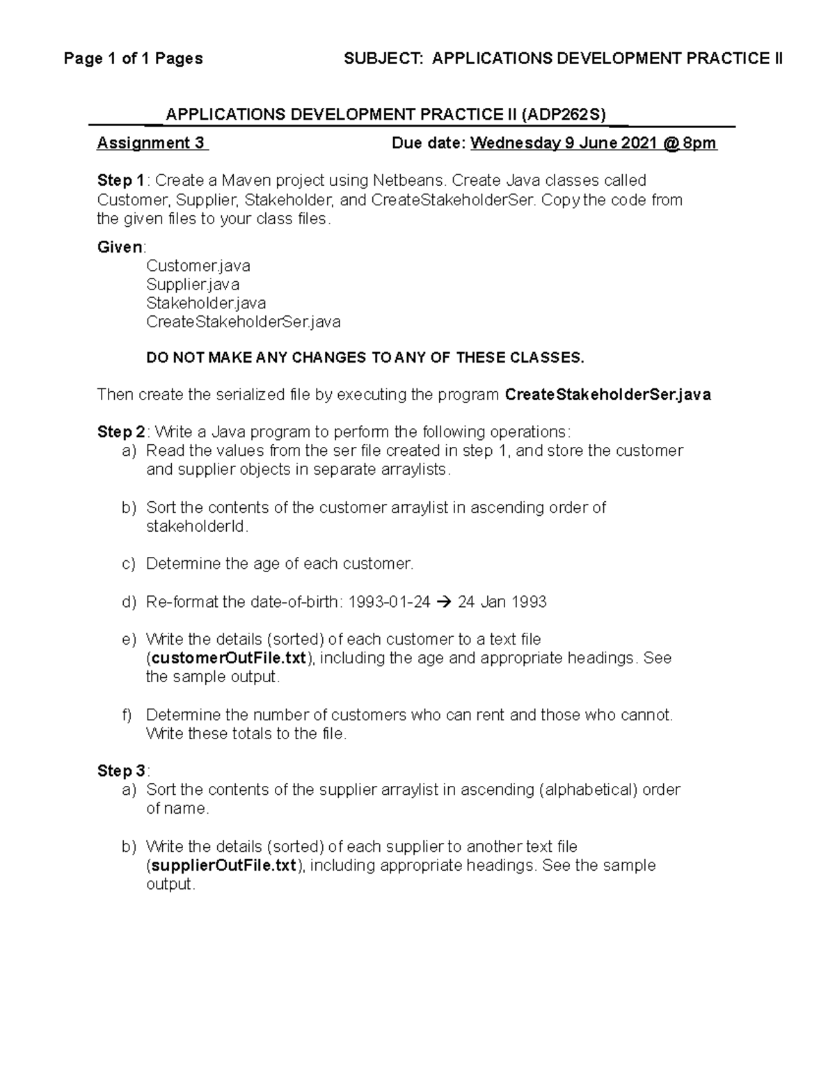 ADP2-Assignment 3 - Assignment - Page 1 of 1 Pages SUBJECT ...