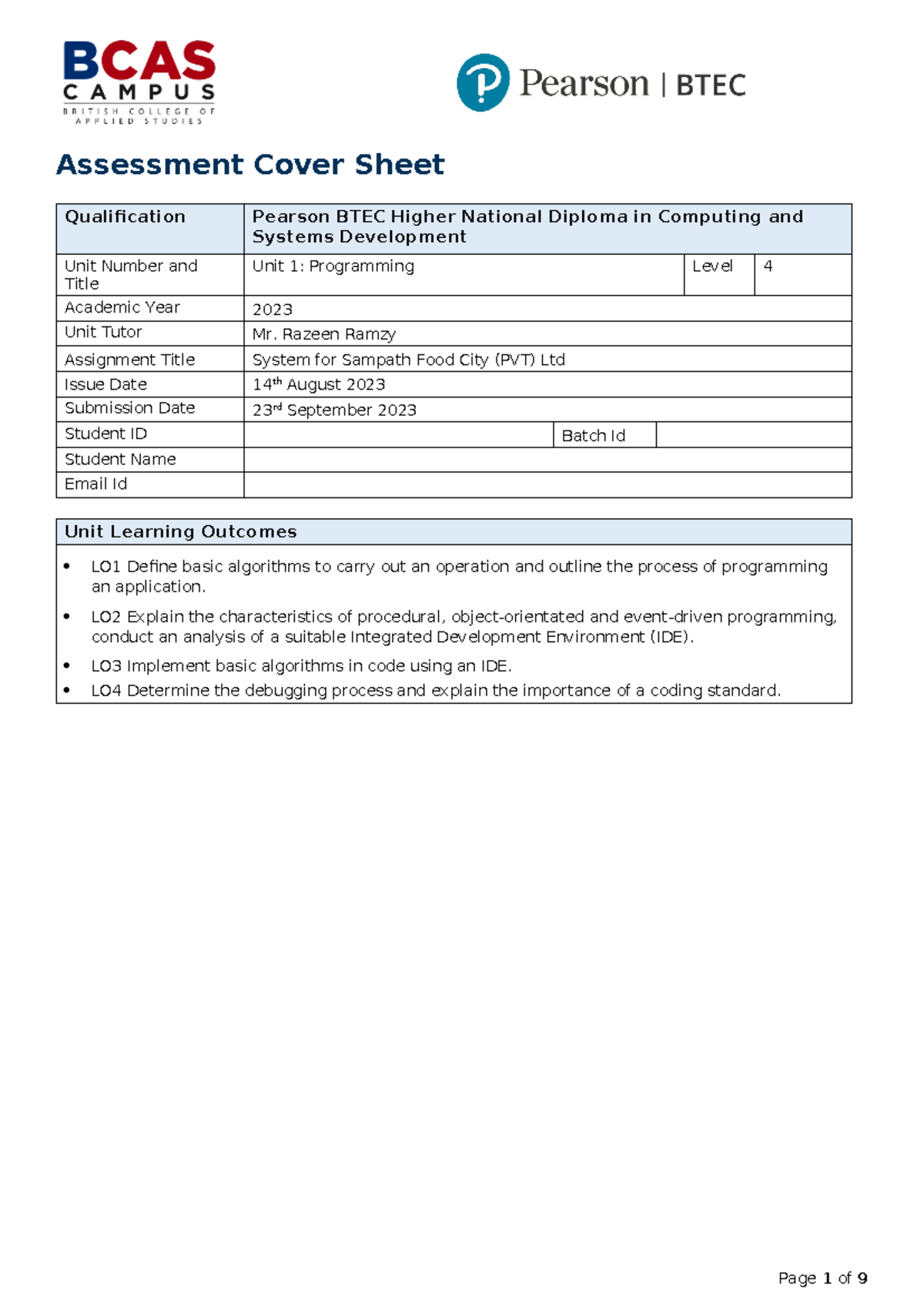 Unit 1 - Programming - Assignment Brief: System for Sampath Food City ...