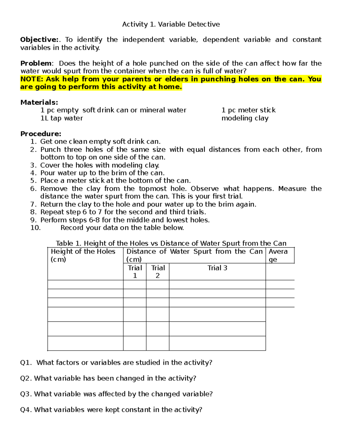 Activity on Variables to be submitted on December 10 - Activity 1 ...