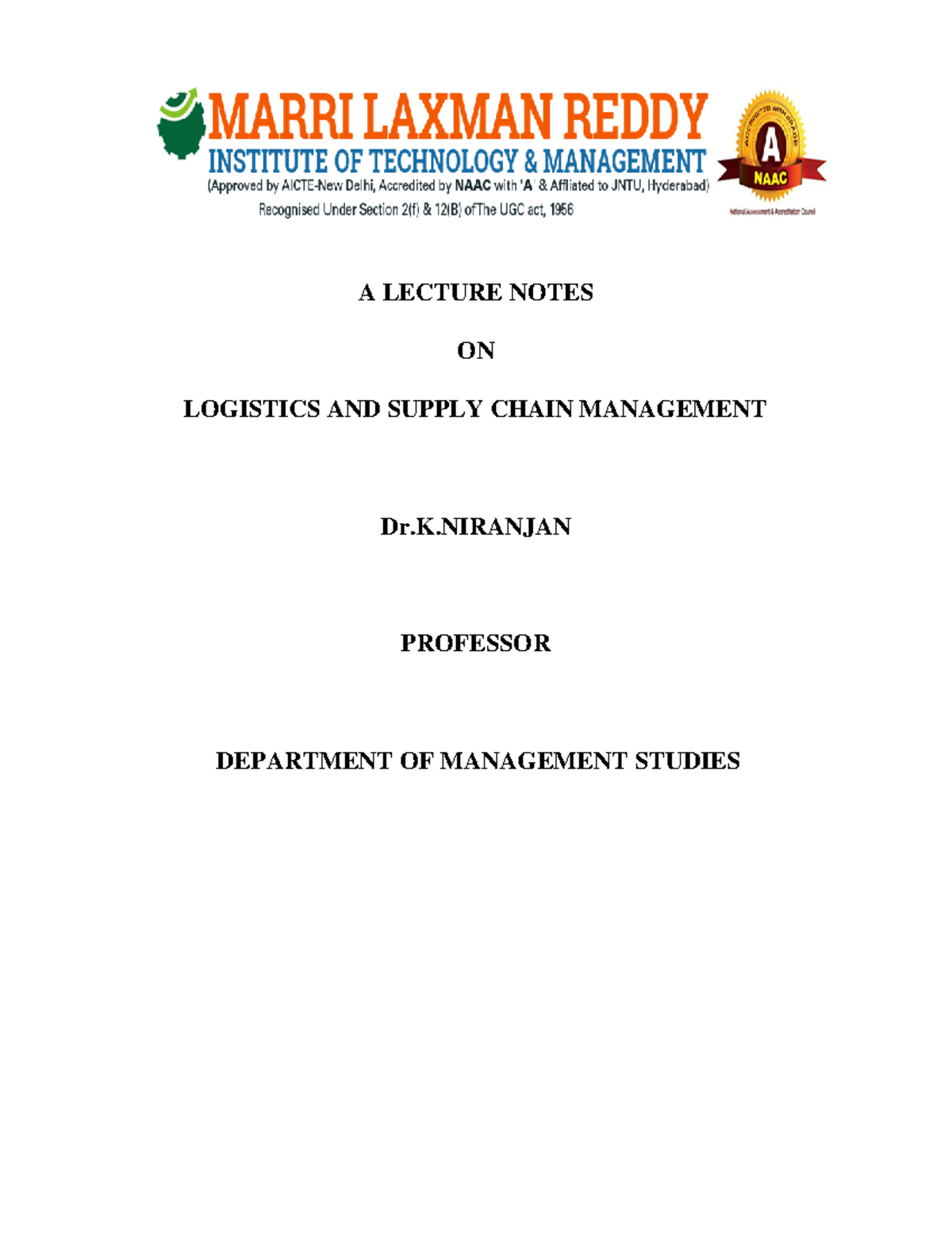 Lecture Notes on Logistics & Supply Chain Management (MAN 101) - Studocu