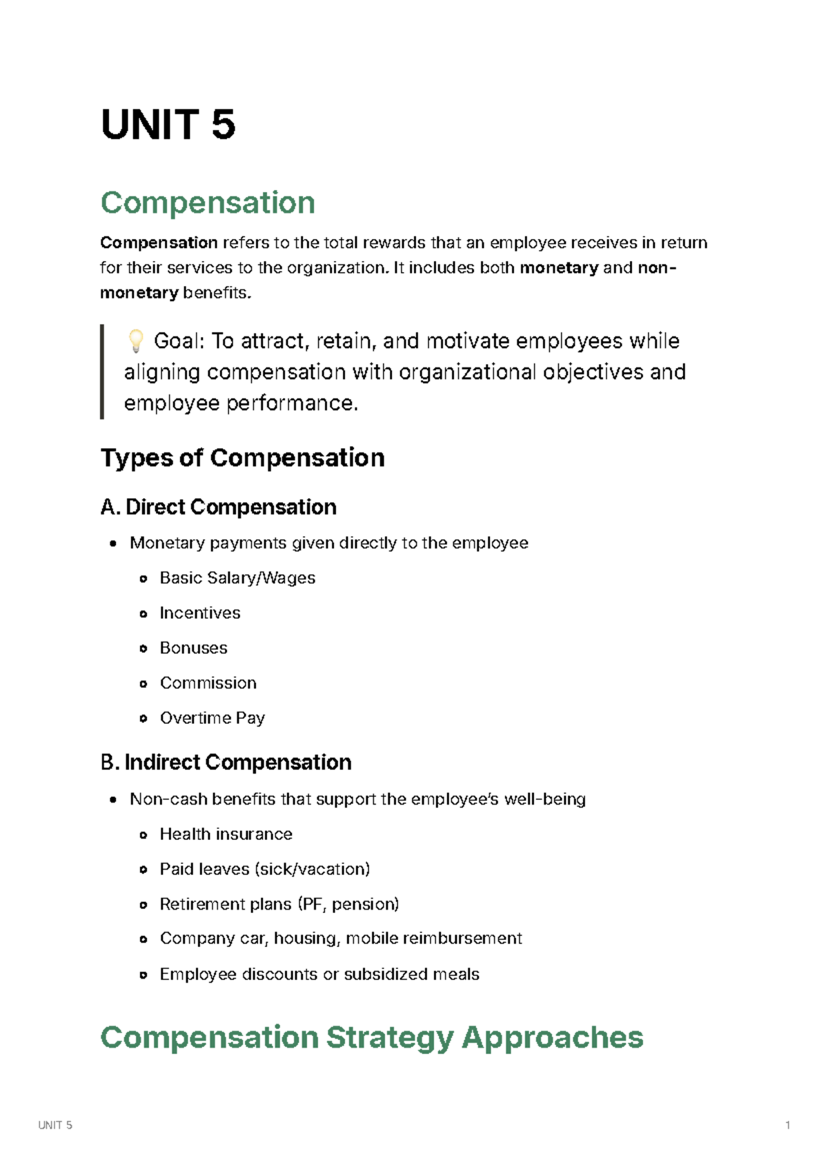 HRM 101: Unit 5 - Comprehensive Notes on Compensation & Benefits - Studocu