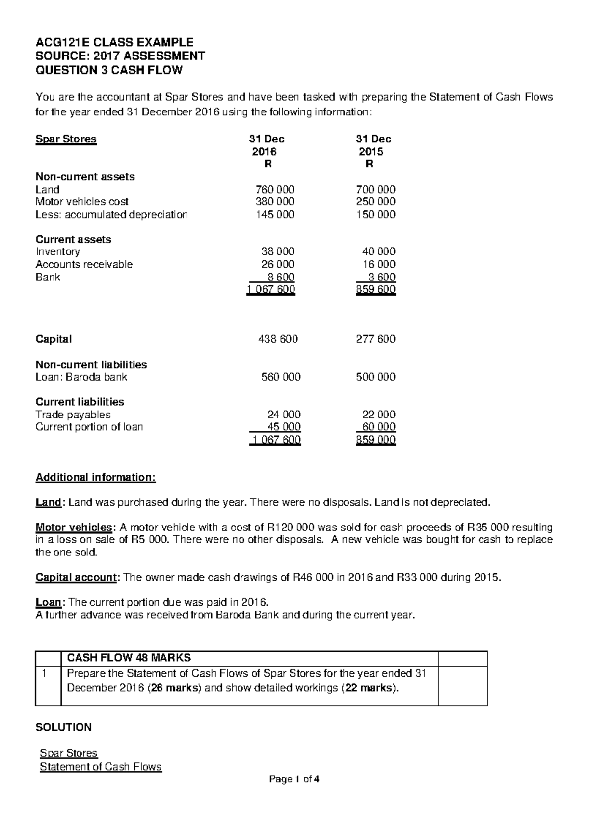 ACG121E Cash Flow Statement Example with Solutions for 2016 - Studocu