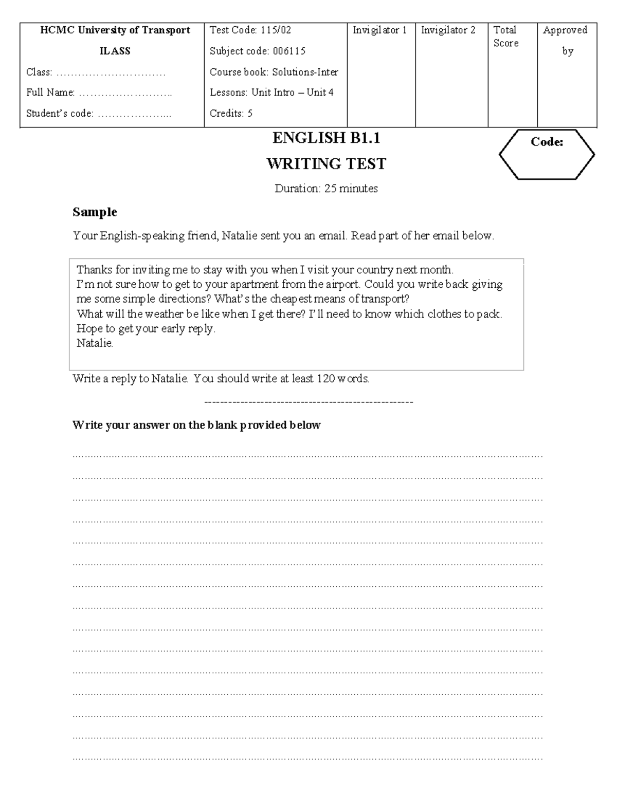 English B1.1 - Writing TEST Format - HCMC University of Transport ILASS ...