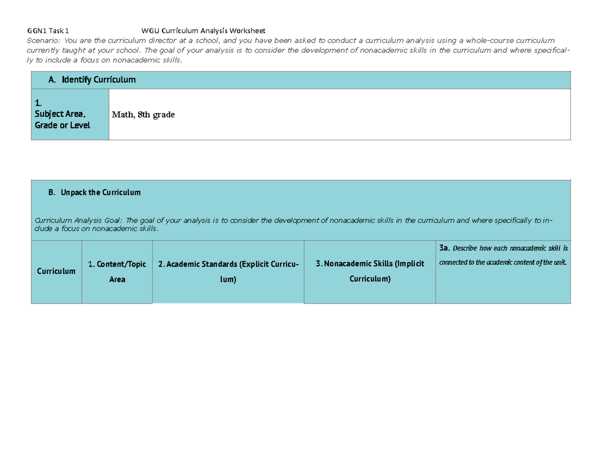 D630 Task 1 - Curriculum Analysis Focusing on Nonacademic Skills - Studocu
