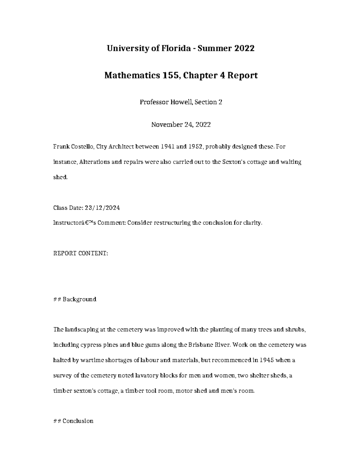 Mathematics 155 Chapter 4 Report - University of Florida - Summer 2022 ...