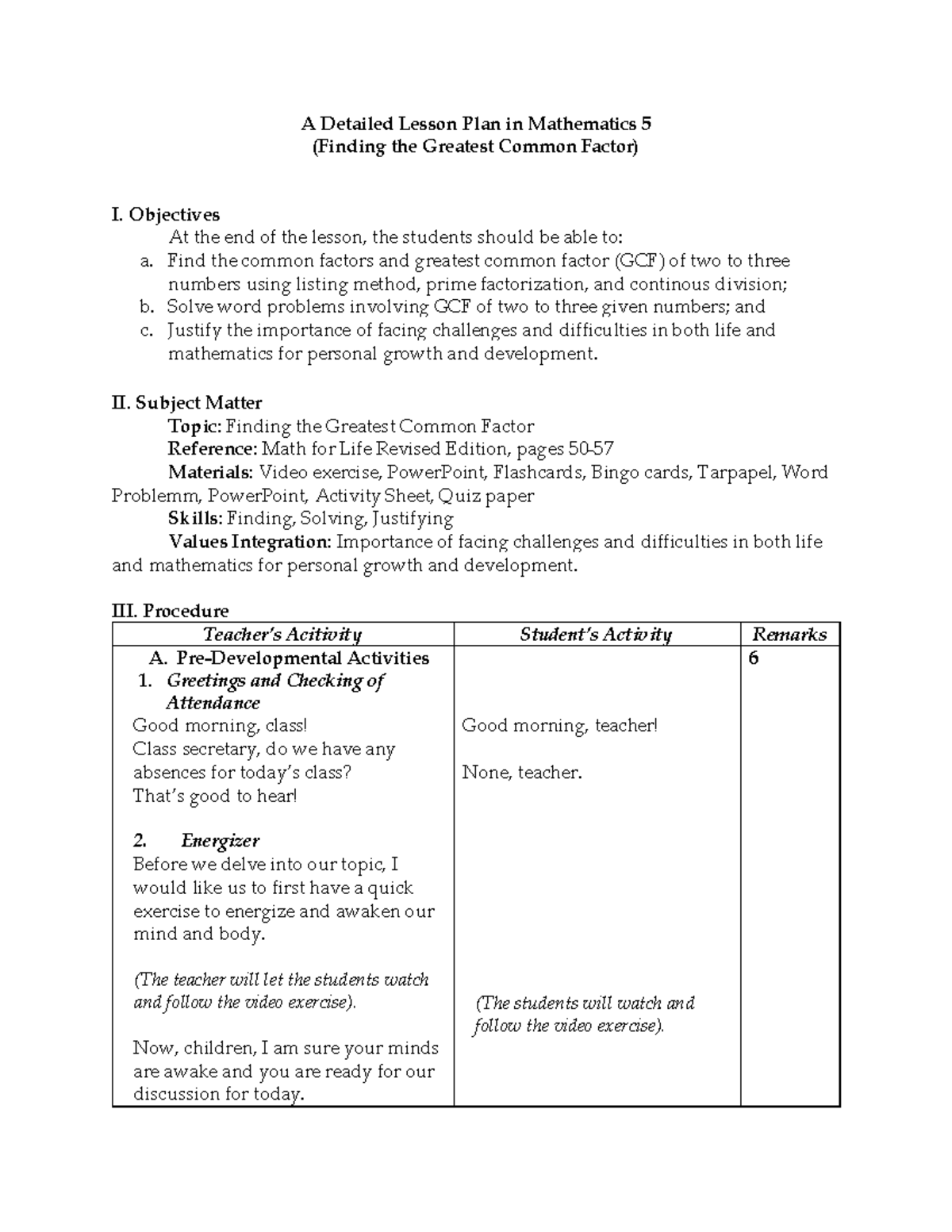 A Detailed Lesson Plan in Math 5: Finding GCF Techniques - Studocu