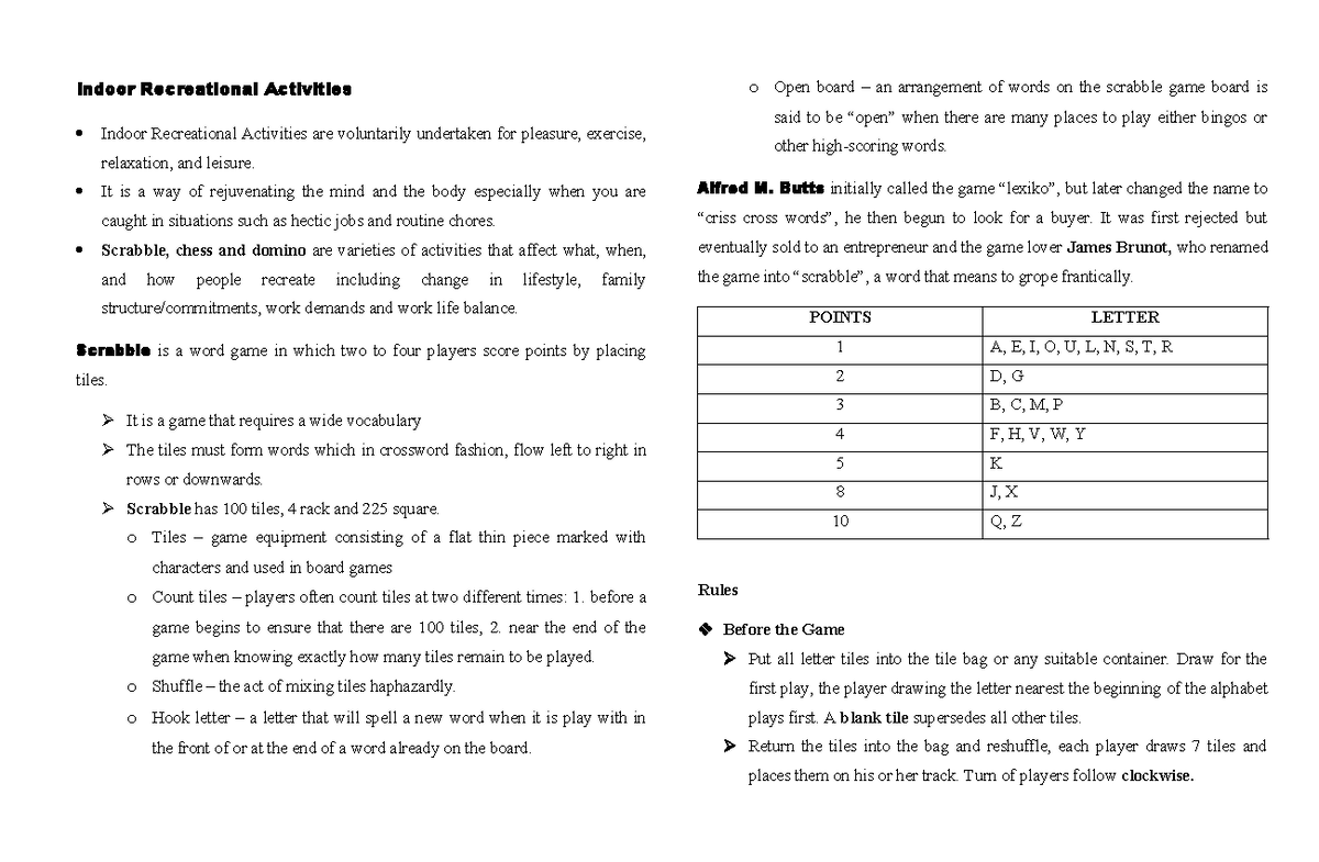 PE Midterm - None - Indoor Recreational Activities Indoor Recreational ...