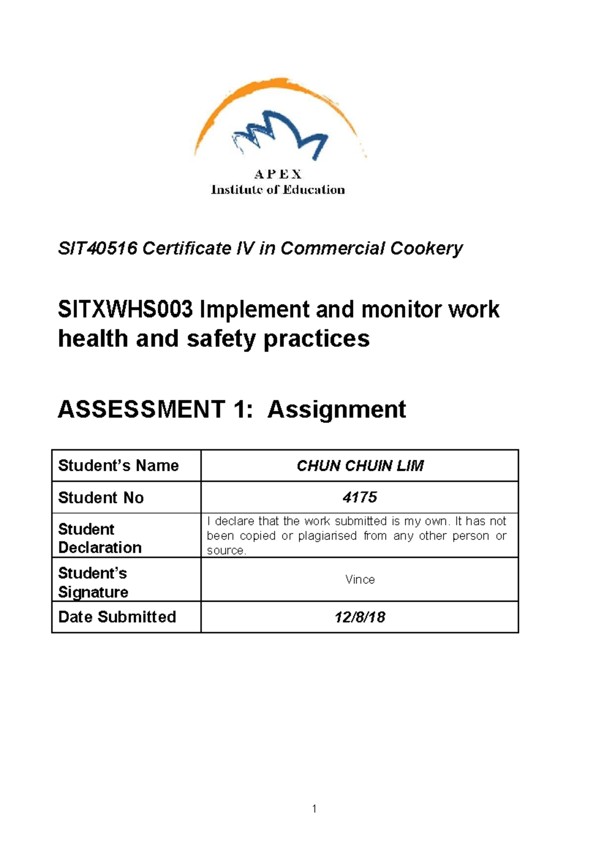 SITXWHS003 - A01 Assessment on Work Health and Safety Practices - Studocu