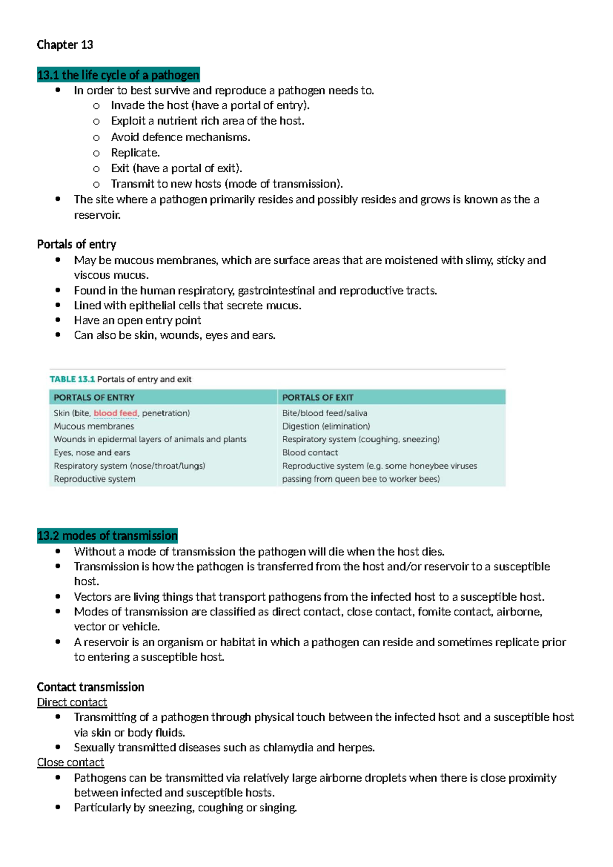 Biology Chapter 13: Life Cycle and Spread of Pathogens - Studocu