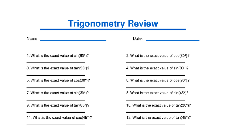 Trigonometry Review 6: Exact Values Practice Questions - Studocu