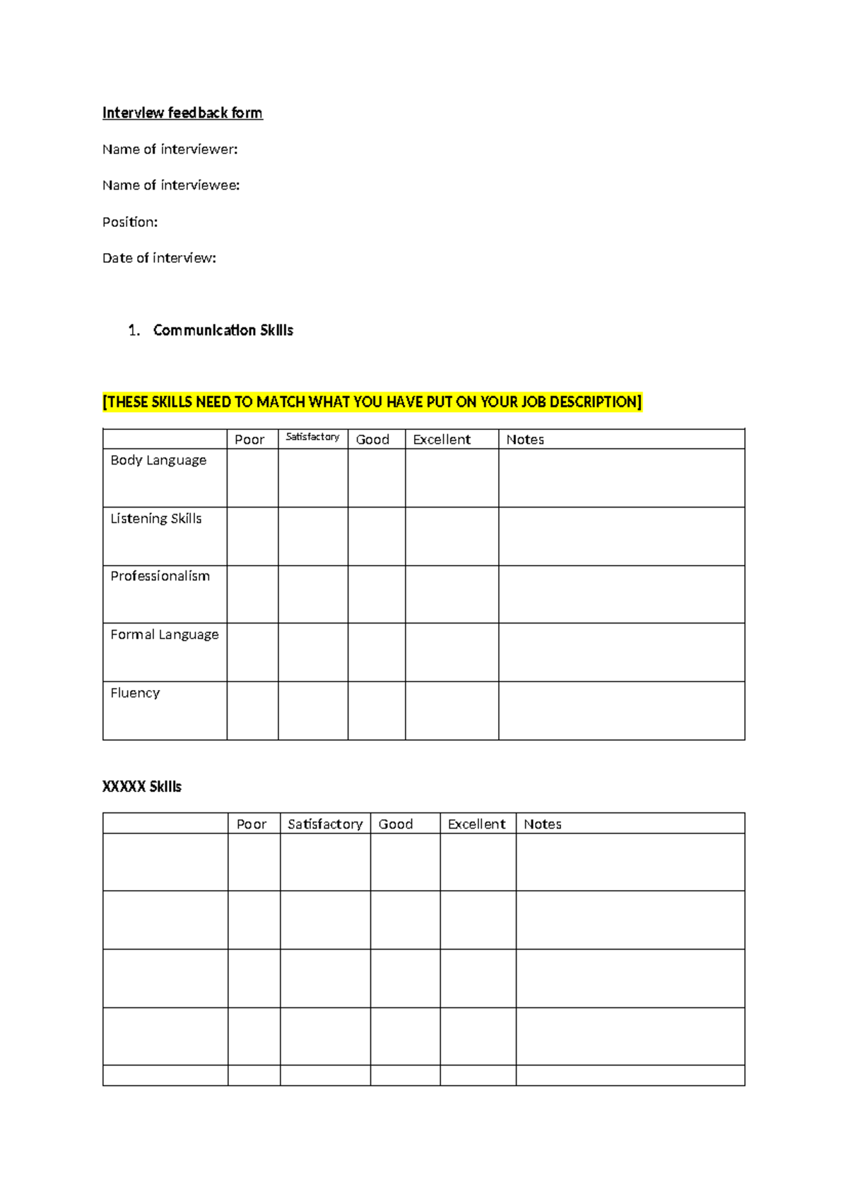 Interview feedback form - Communication Skills [THESE SKILLS NEED TO ...